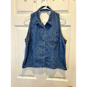 Y2K Faded Glory‎ Jean Shirt Size XL Denim Sleeveless Collared Cutout V-neck